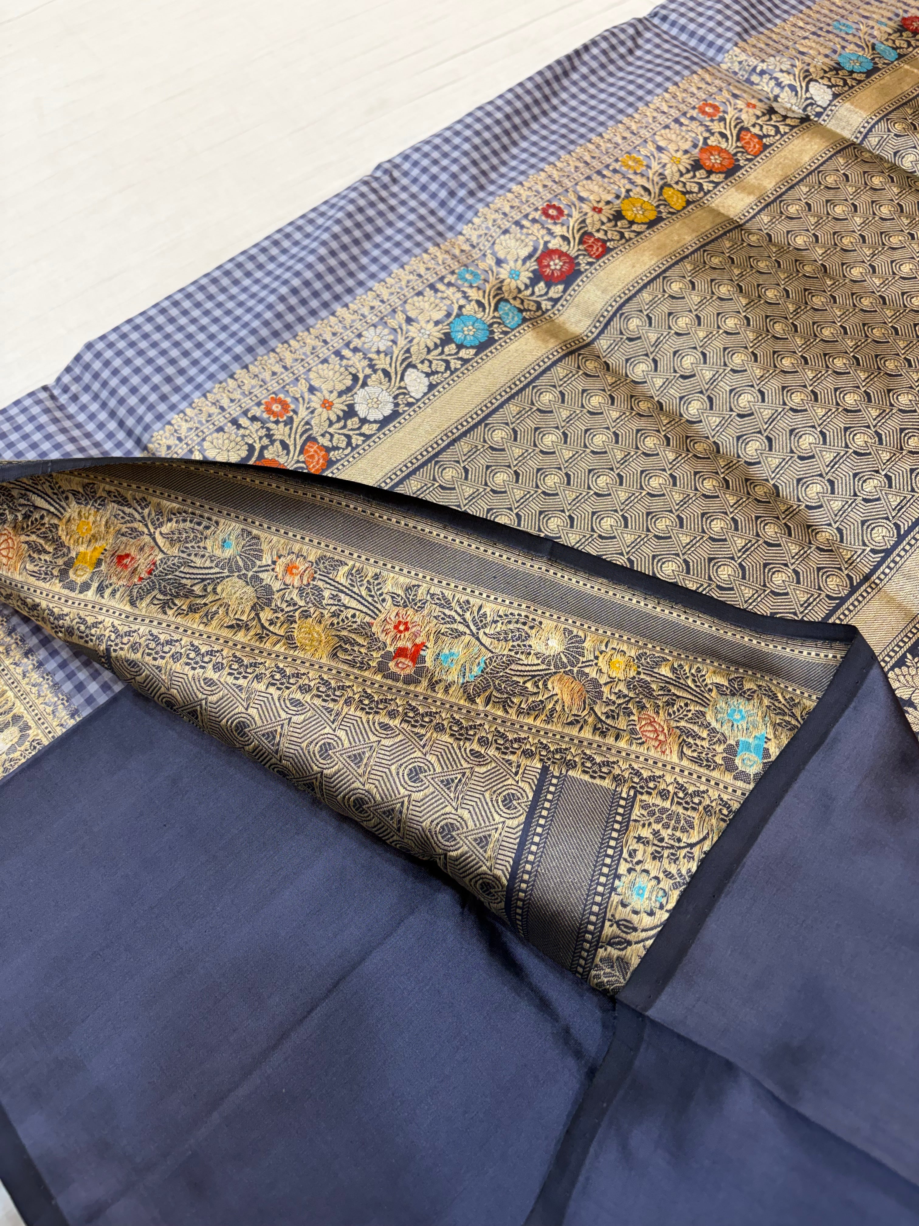 Pure handloom katan silk sareee in check pattern with side border Meena work