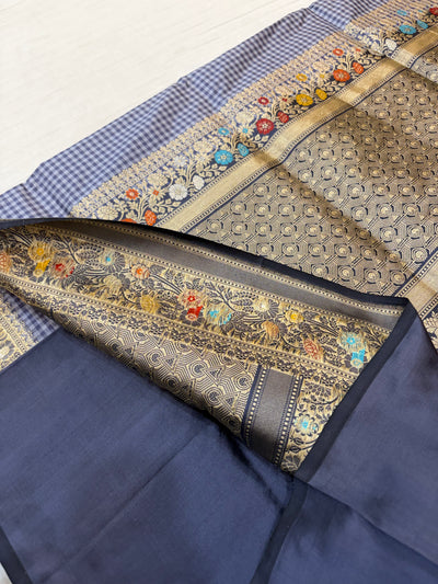 Pure handloom katan silk sareee in check pattern with side border Meena work