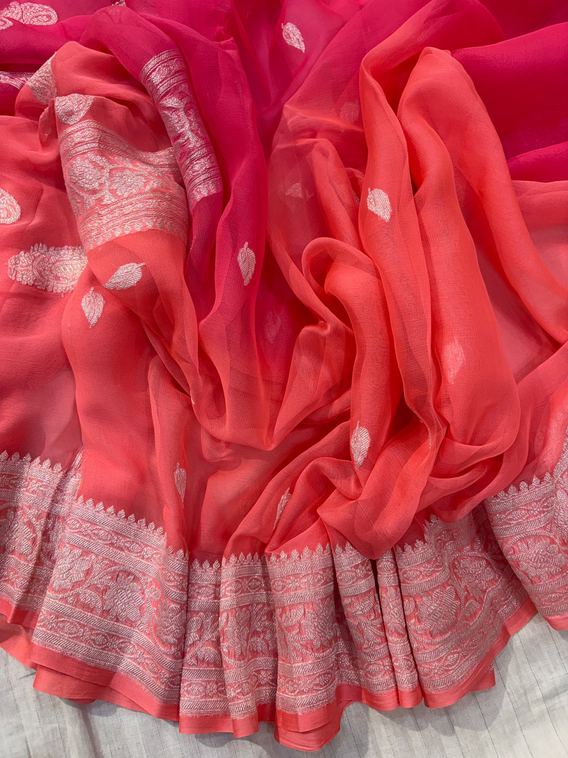 Pure khaddi chiffon saree in half half beautiful shade