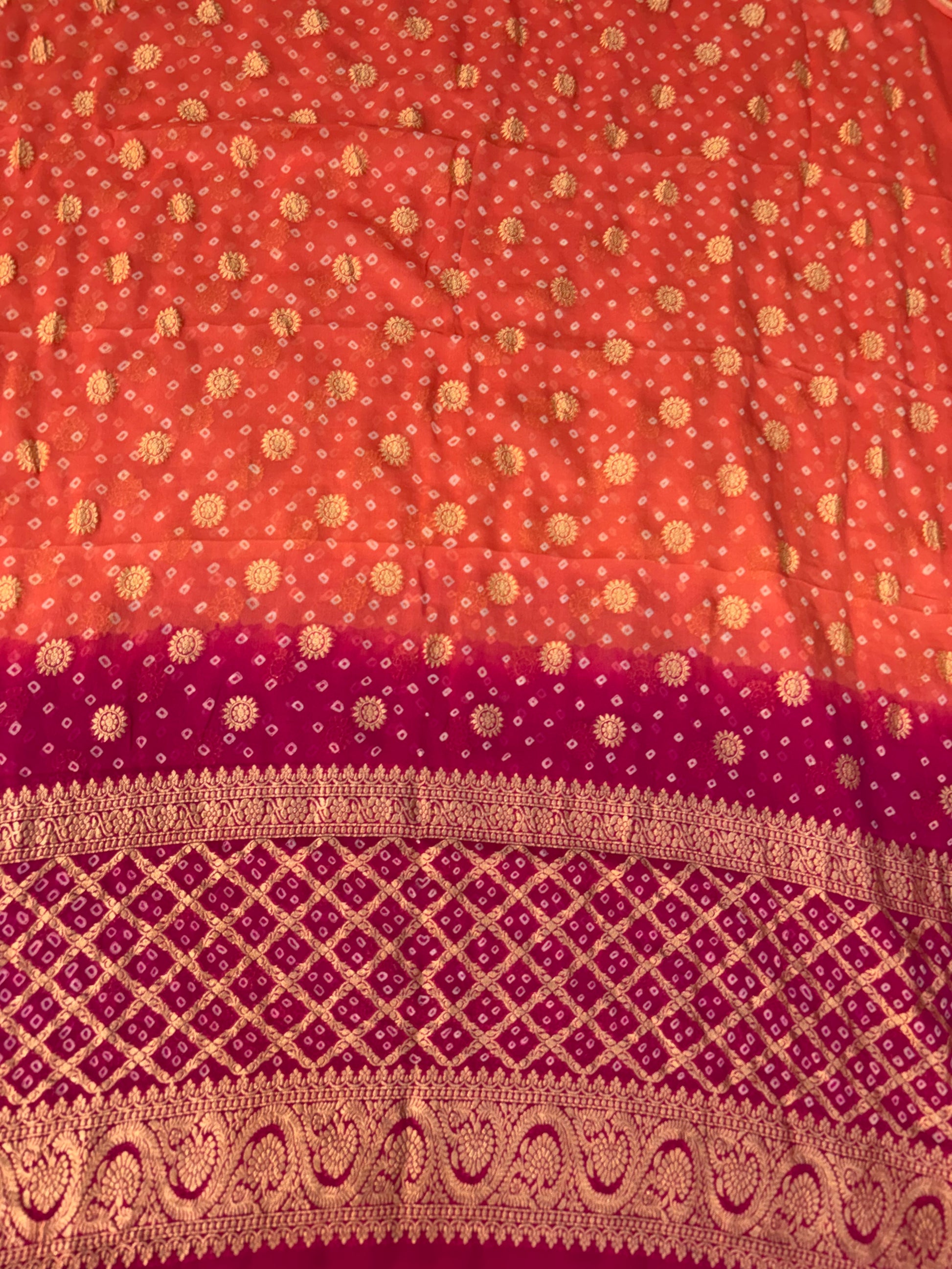 Pure georgette bandhani suit in peach orange with dark Magenta  colour