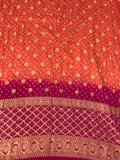 Pure georgette bandhani suit in peach orange with dark Magenta  colour