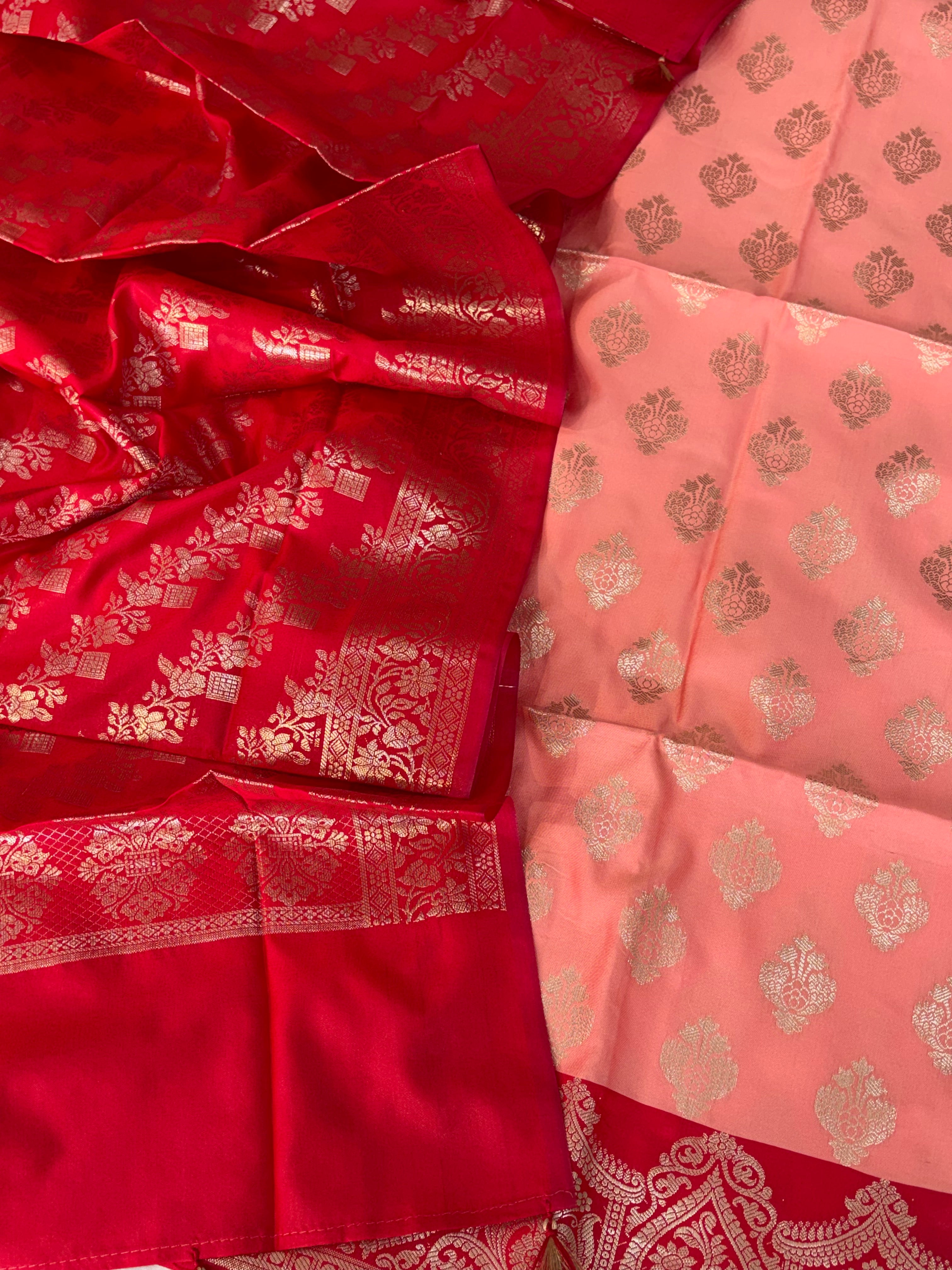 Banarasi soft silk suit in peach and cherry red colour combination
