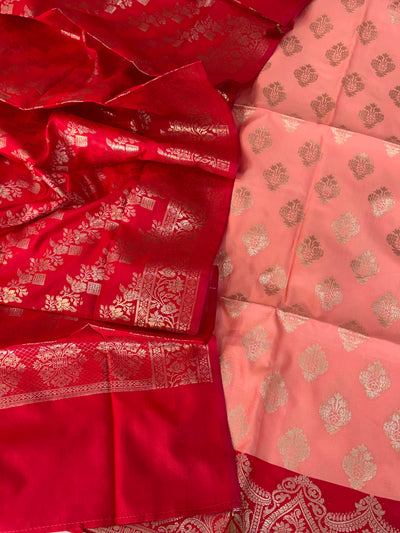 Banarasi soft silk suit in peach and cherry red colour combination