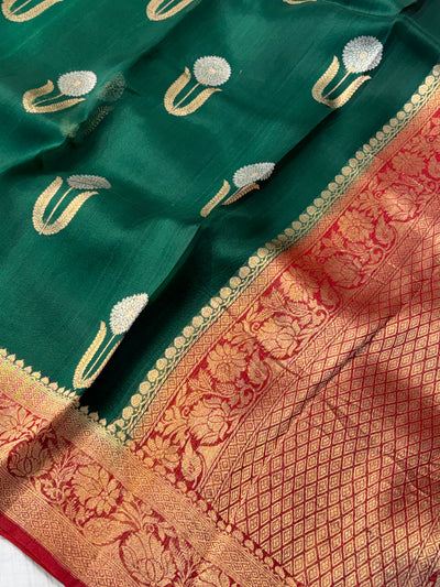 Pure handloom kora silk saree in bottle green with red colour