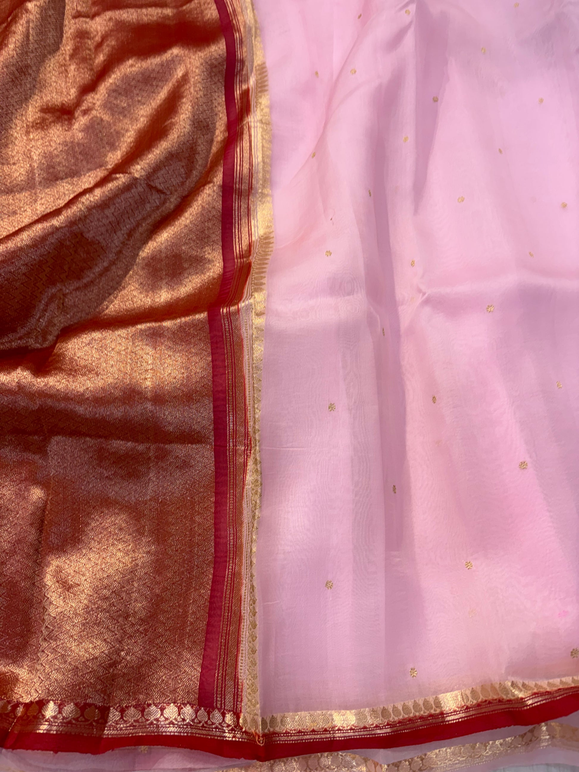 Pure handloom organza silk saree with baby & red colour combination