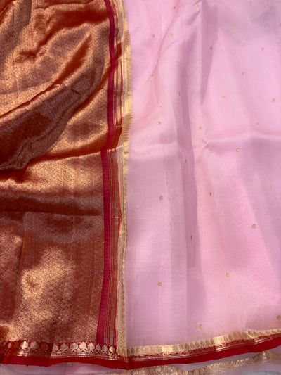 Pure handloom organza silk saree with baby & red colour combination