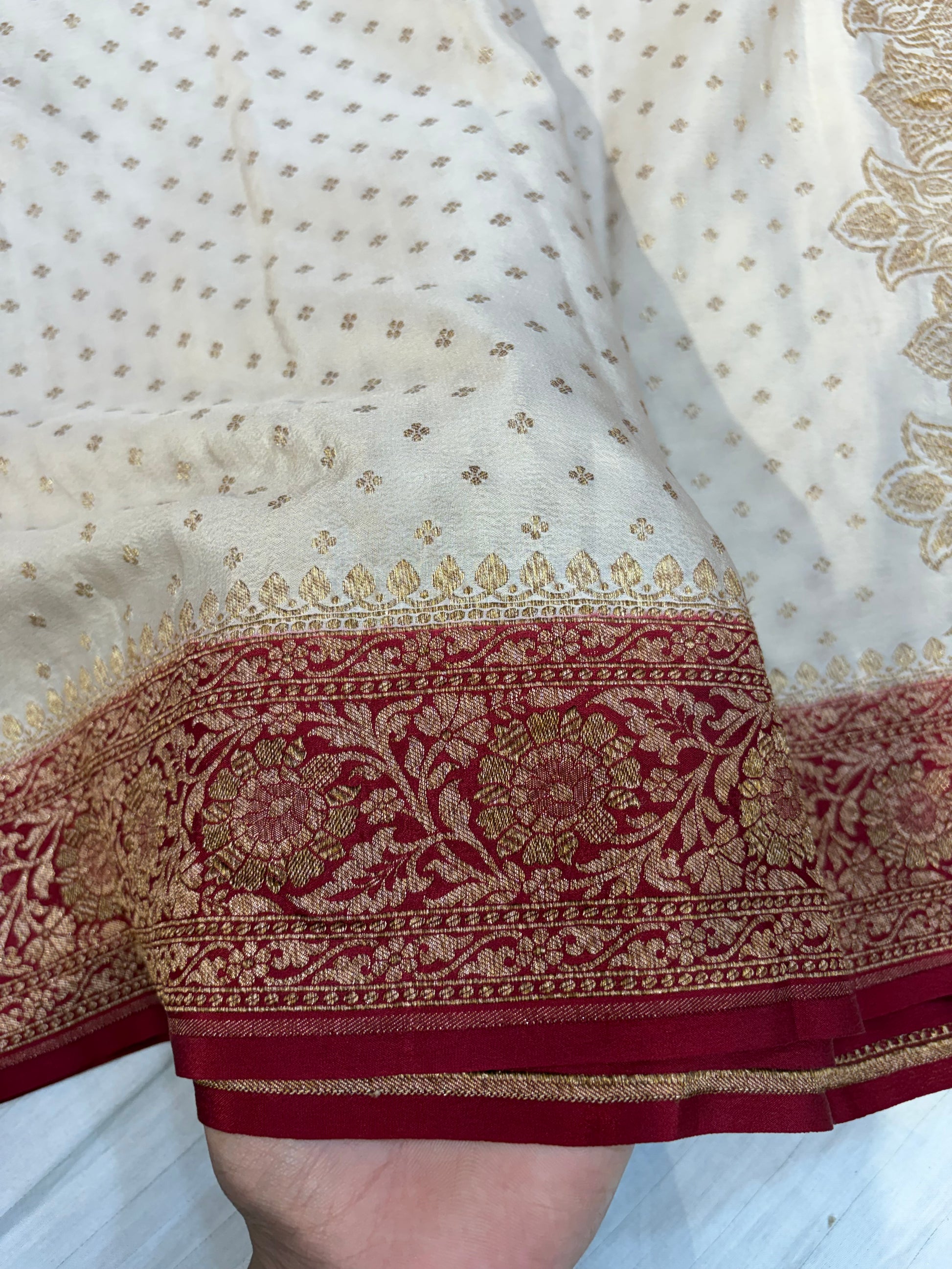 Pure khaddi crepe silk saree off white with red colour