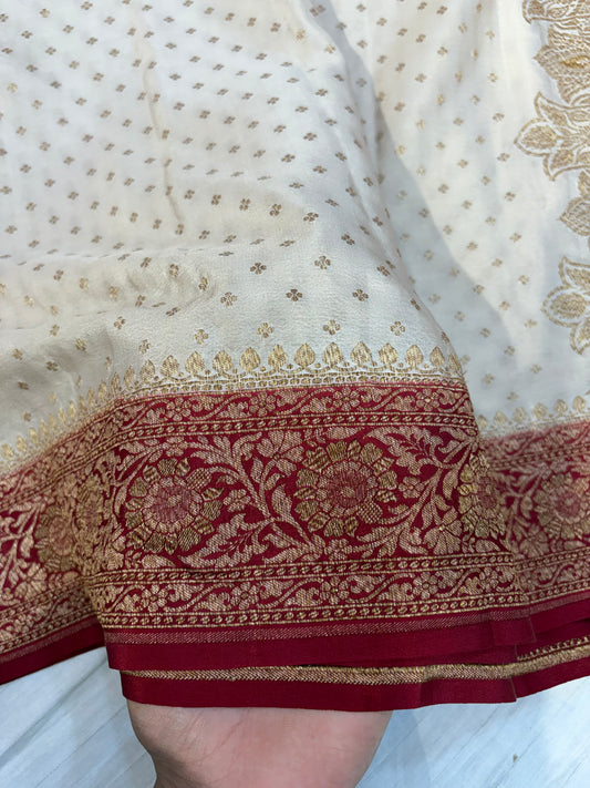 Pure khaddi crepe silk saree off white with red colour
