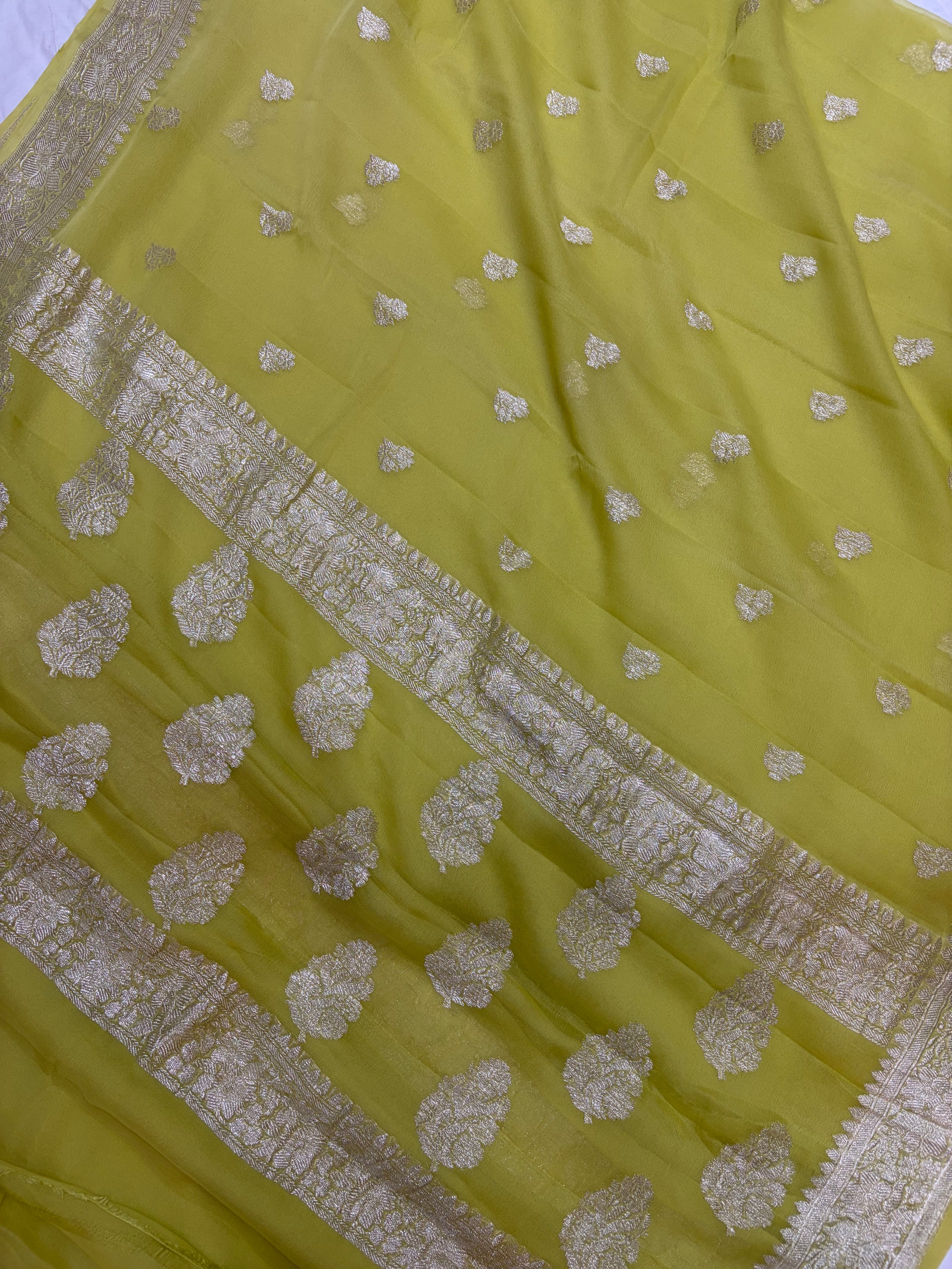 Pure khaddi chiffon saree in light mehndi colour