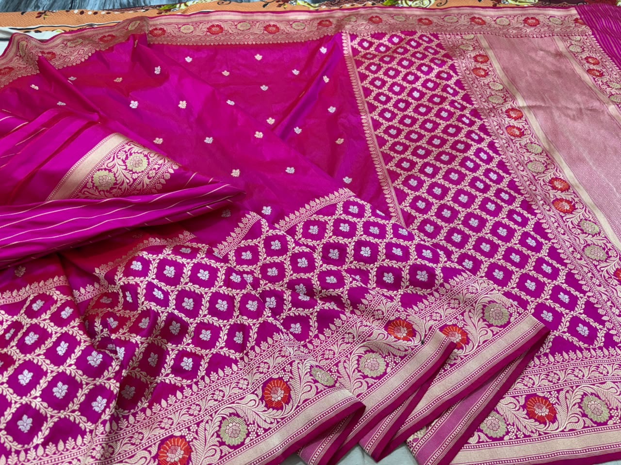 Beautiful Premium katan silk saree in Rani colour