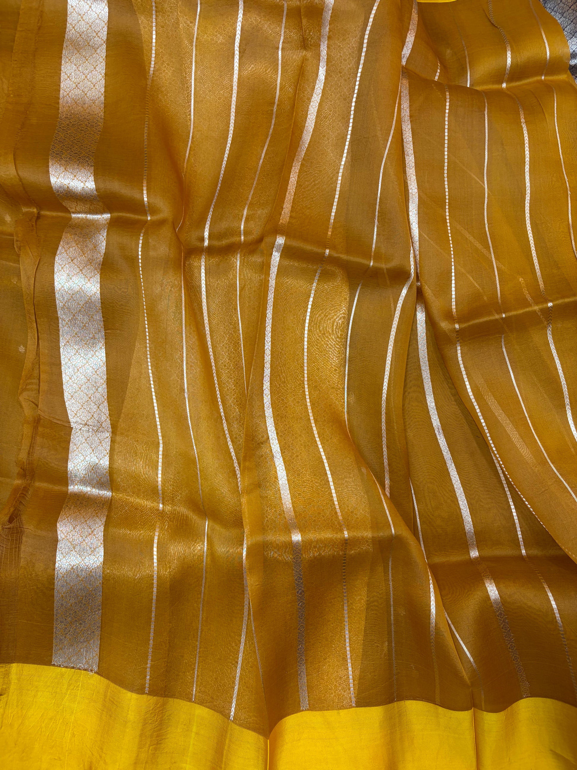 Pure handloom organza silk saree in dark yellow gold colour