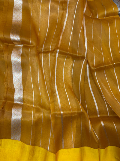 Pure handloom organza silk saree in dark yellow gold colour