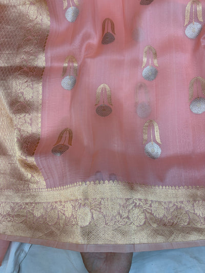 Pure handloom organza silk saree in peach colour