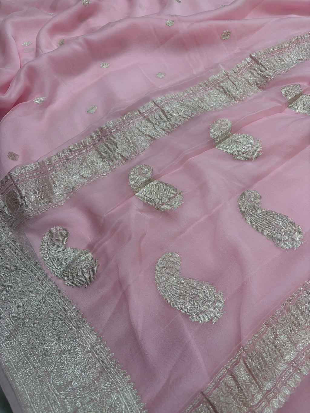 Baby pink pure Khaddi Chiffio Banarasi Zari Border Saree