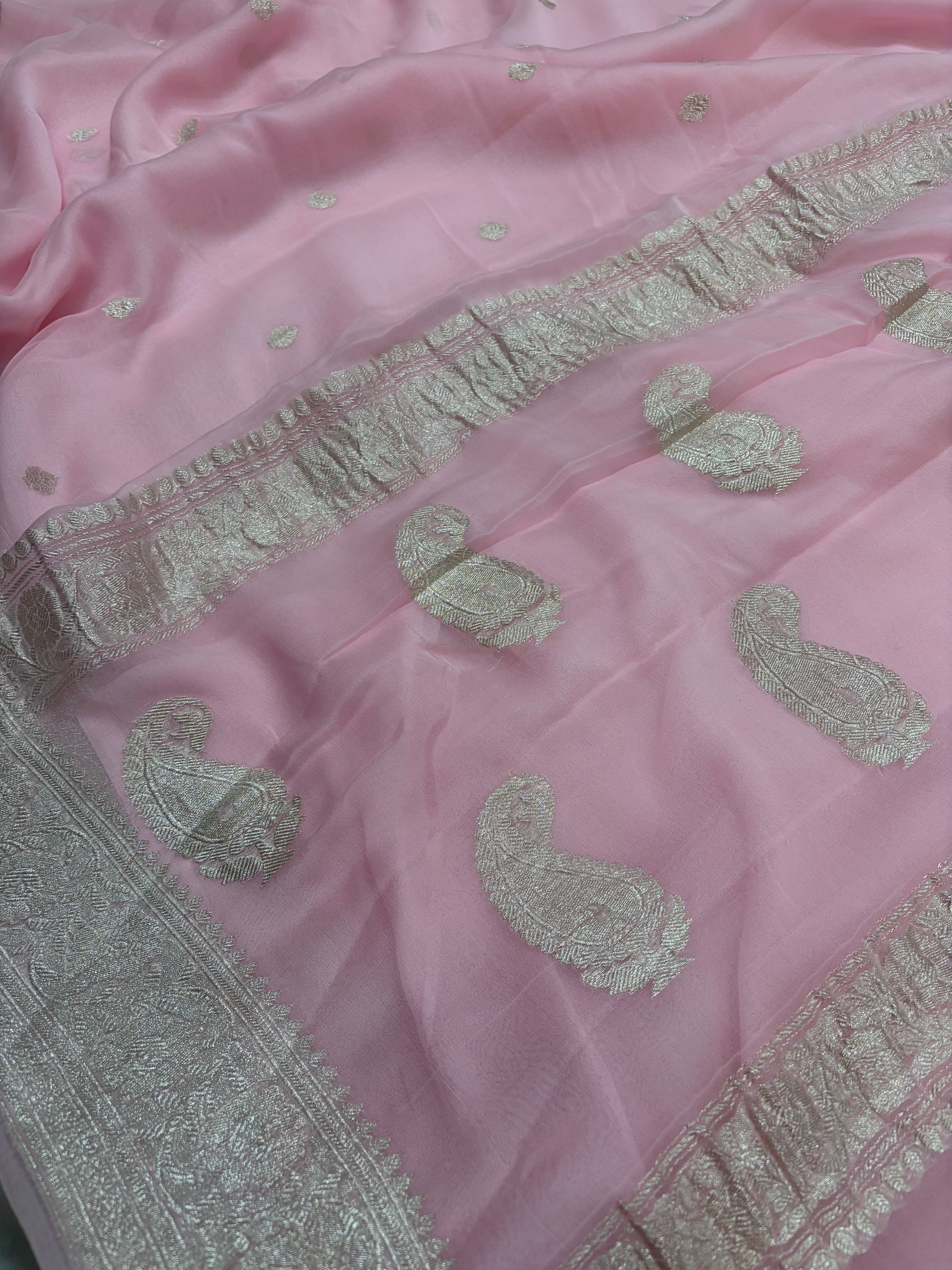 Baby pink pure Khaddi Chiffio Banarasi Zari Border Saree