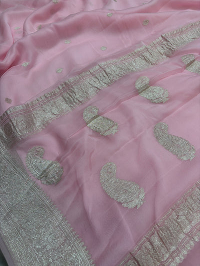 Baby pink pure Khaddi Chiffio Banarasi Zari Border Saree