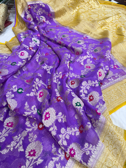Pure Banarasi handloom georgette silk saree in levender with gold yellow colour