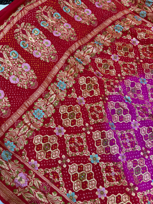Pure Tilfi Georgette Bandhani sarees in red colour