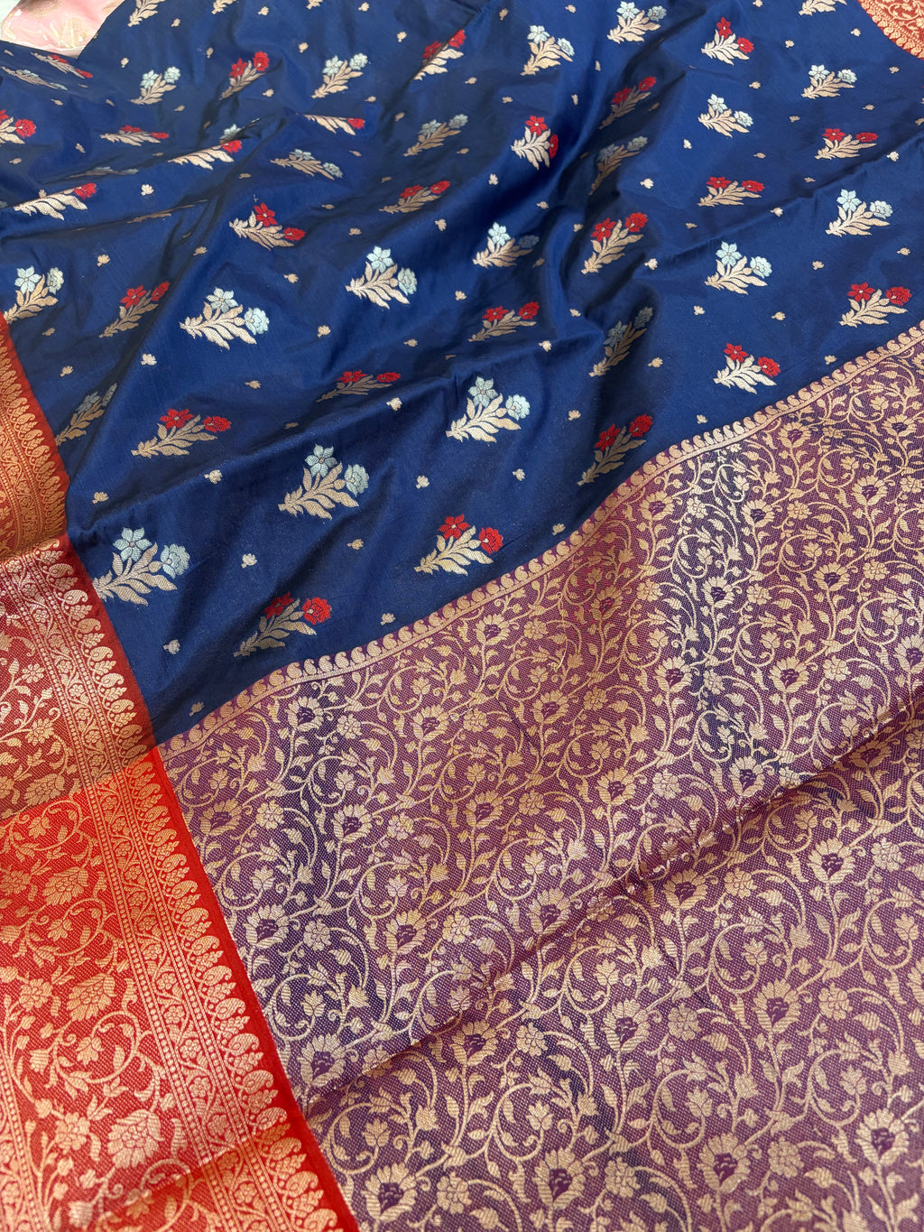 Banarasi soft silk Meenakari saree in navy blue with maroon colour