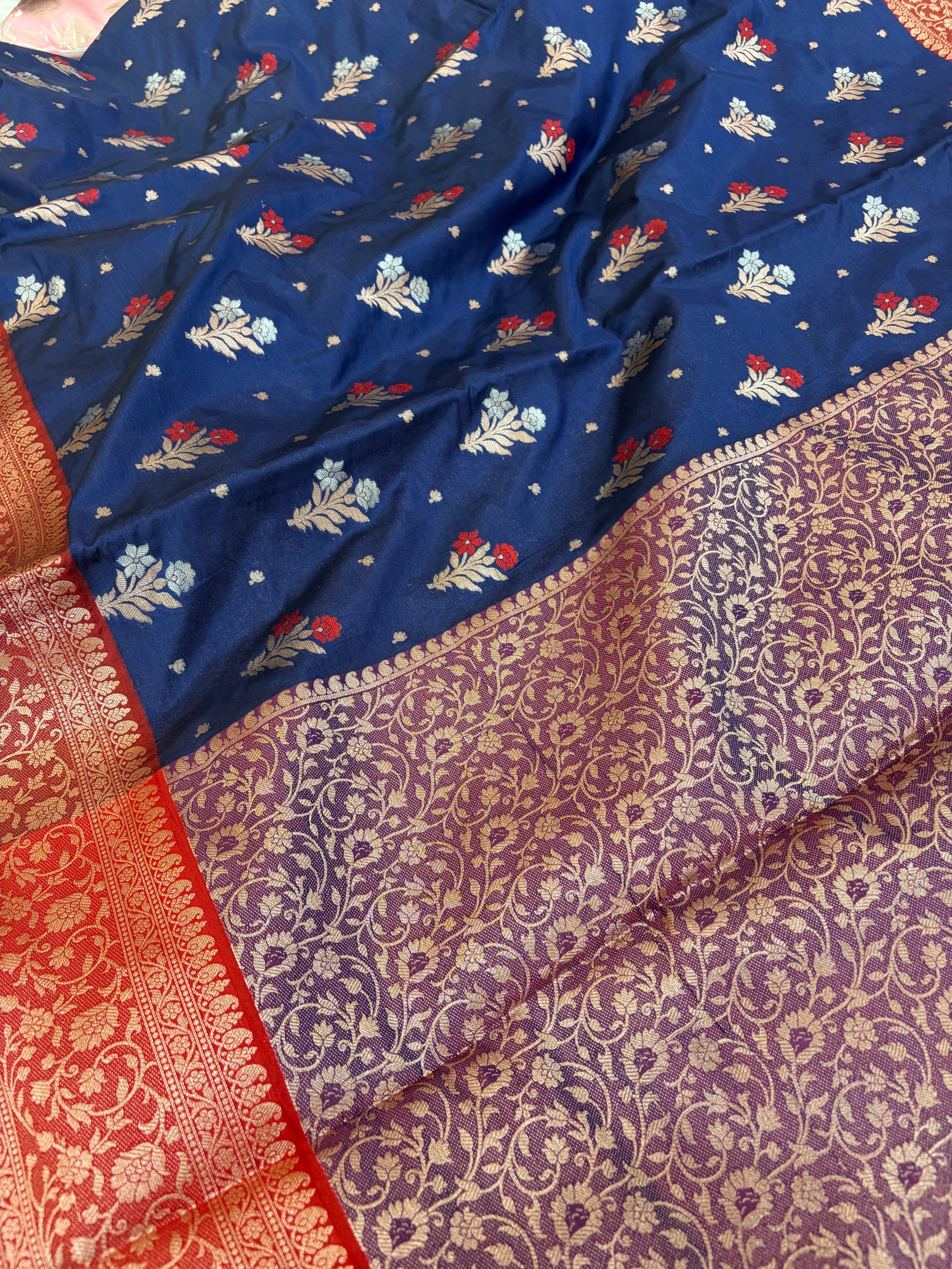 Banarasi soft silk Meenakari saree in navy blue with maroon colour
