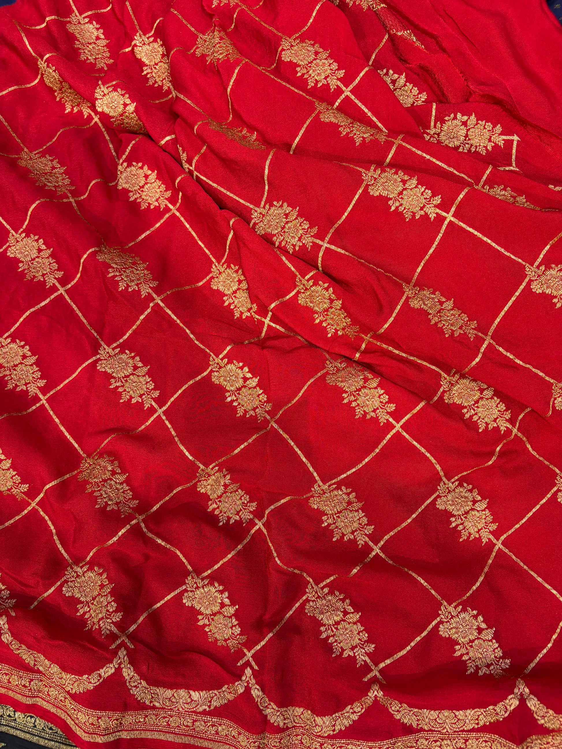 Pure khaddi crepe silk saree in navy blue with red colour combination