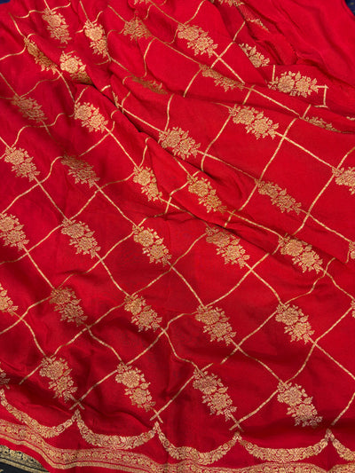 Pure khaddi crepe silk saree in navy blue with red colour combination