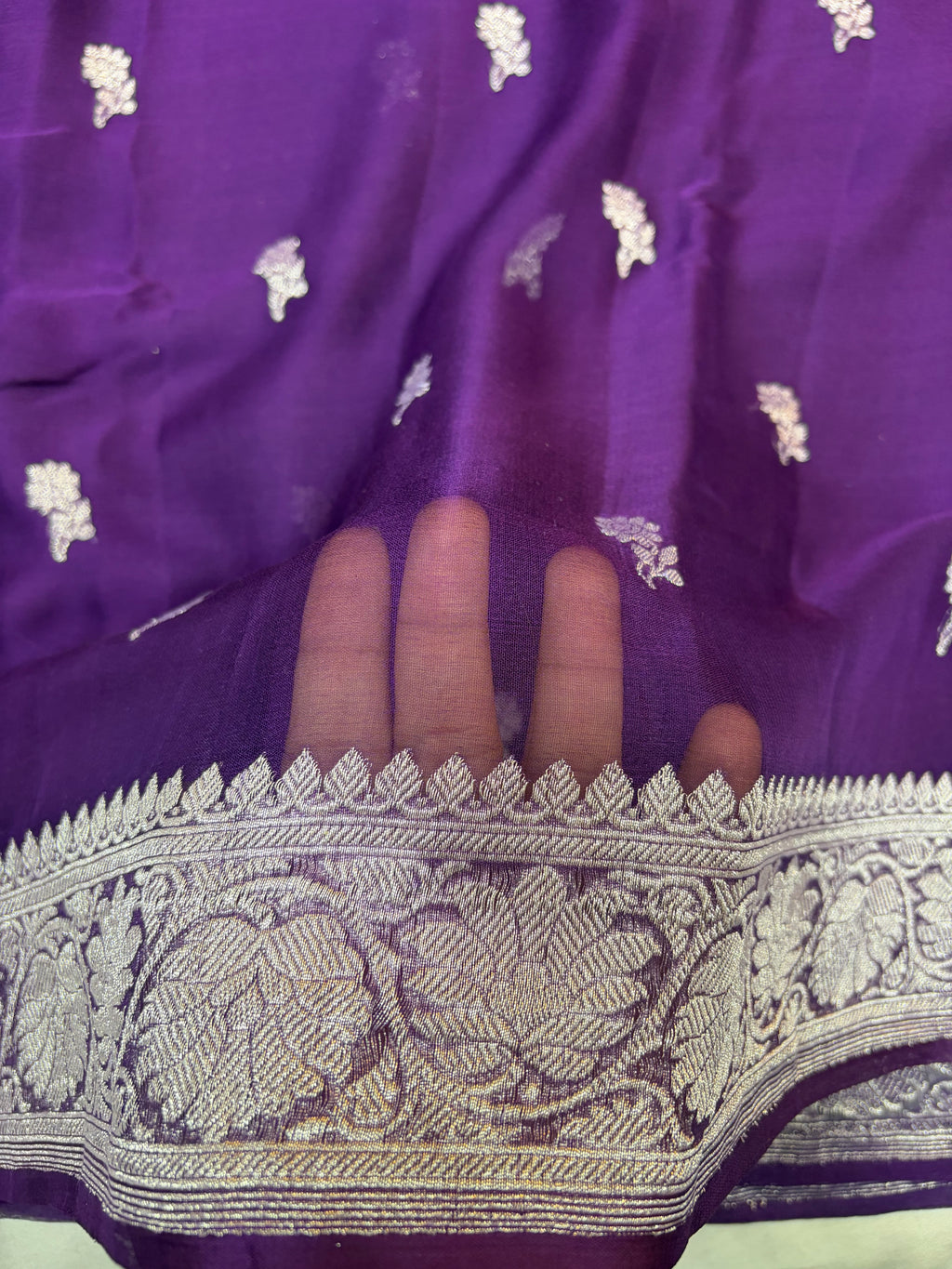 Pure khaddi chiffon saree in dark purple colour