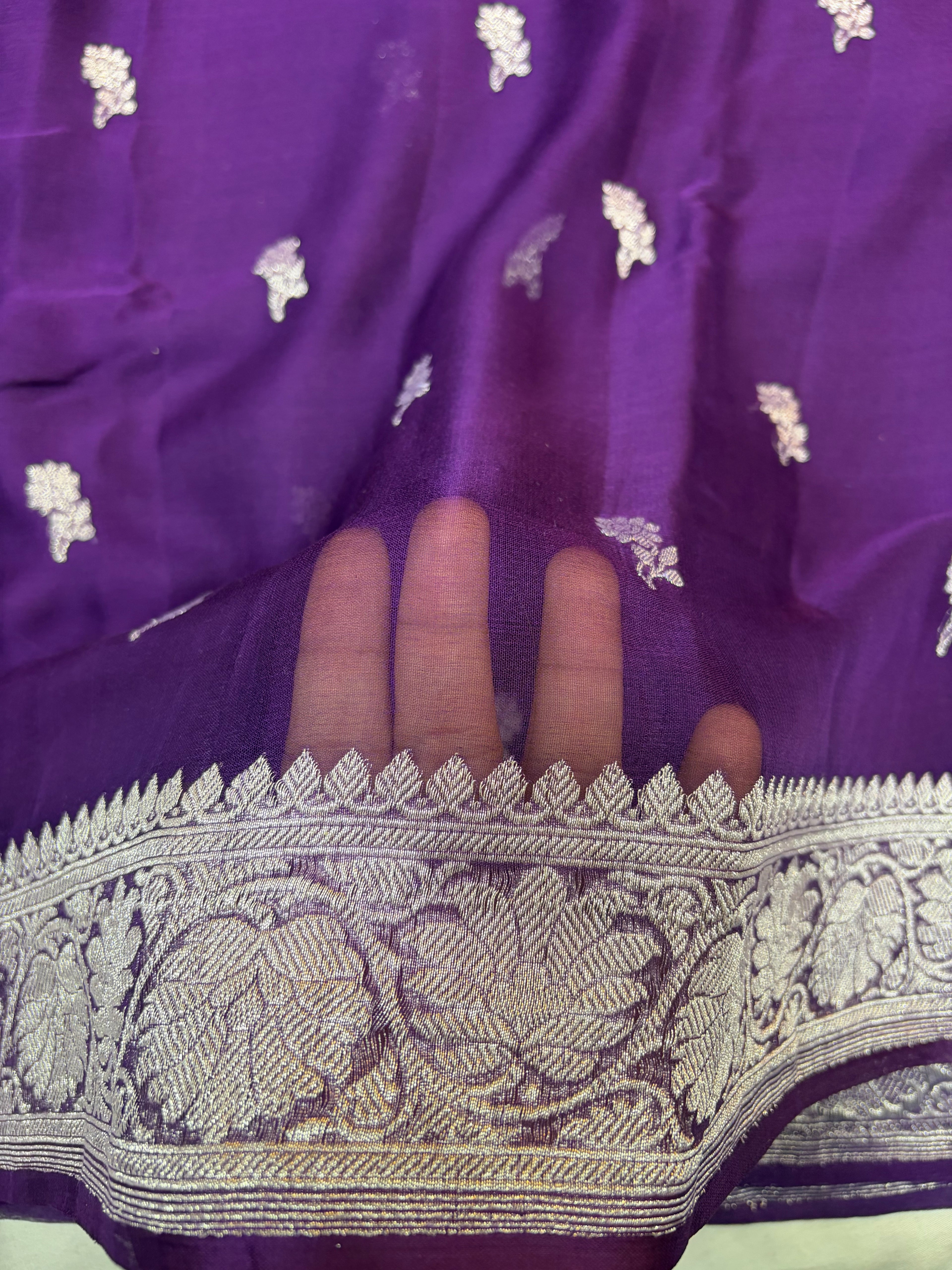 Pure khaddi chiffon saree in dark purple colour