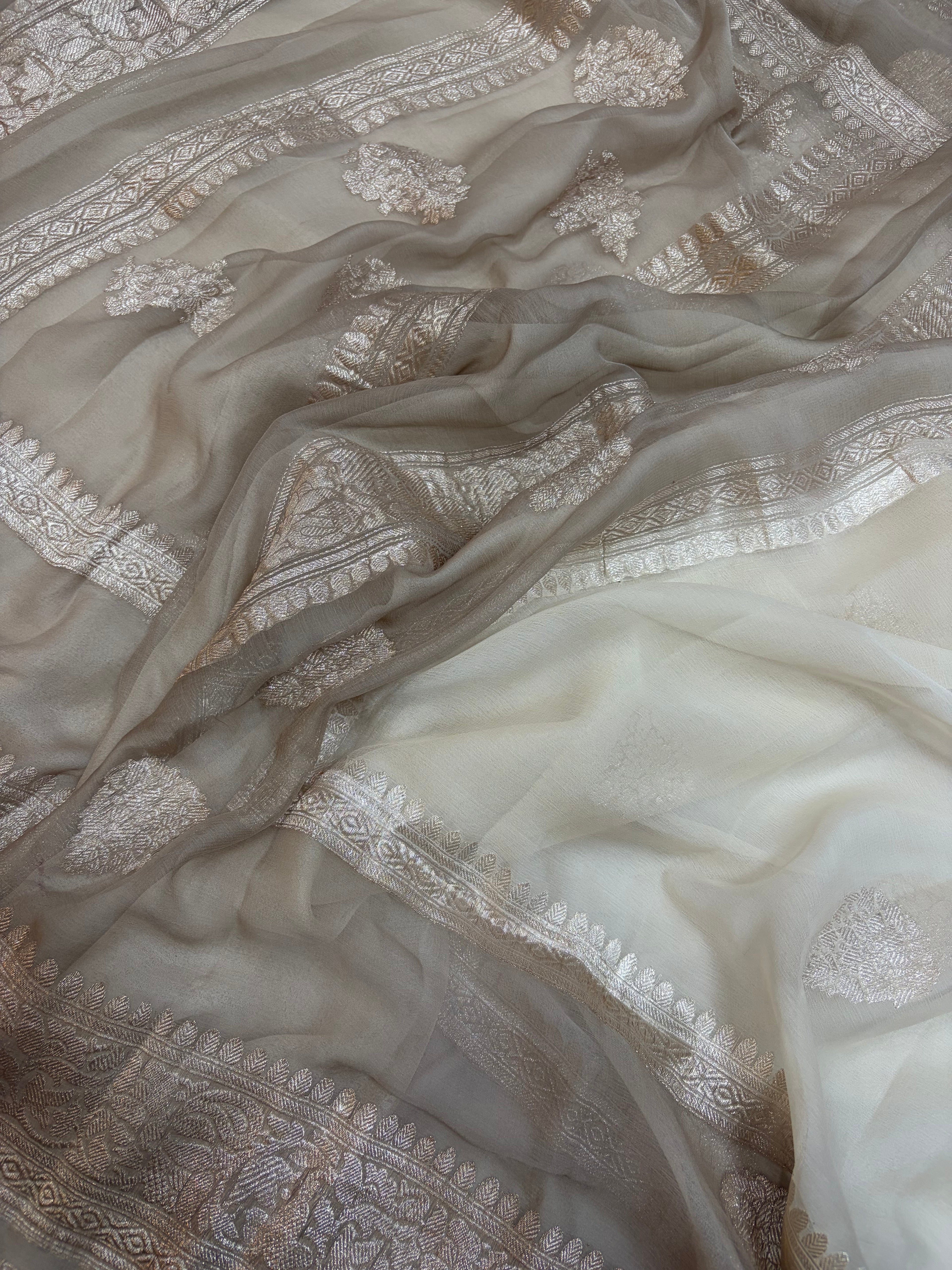 Pure khaddi chiffon double border saree in off white with grey colour