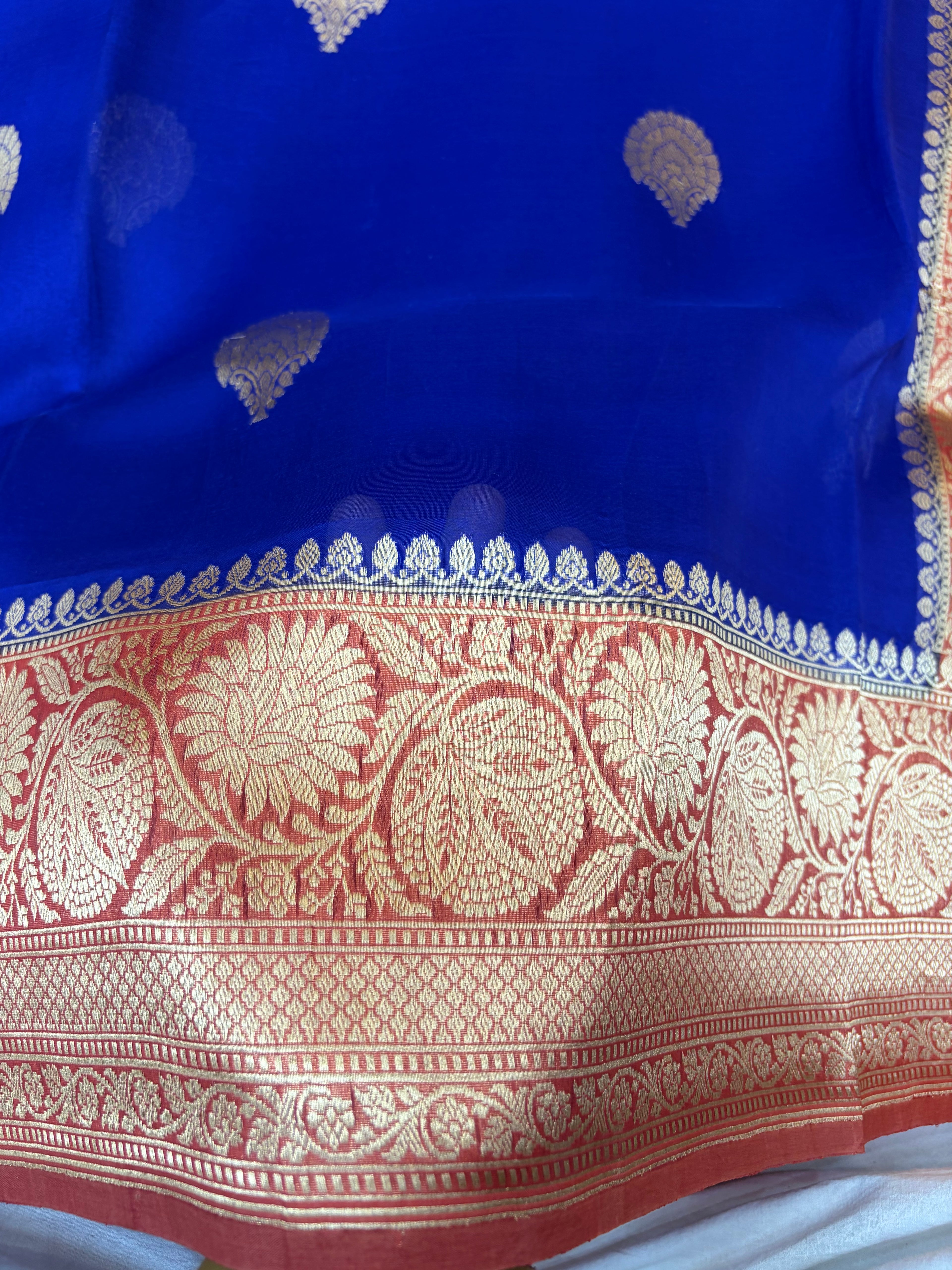Pure handloom organza silk saree in royal blue with dark peach colour