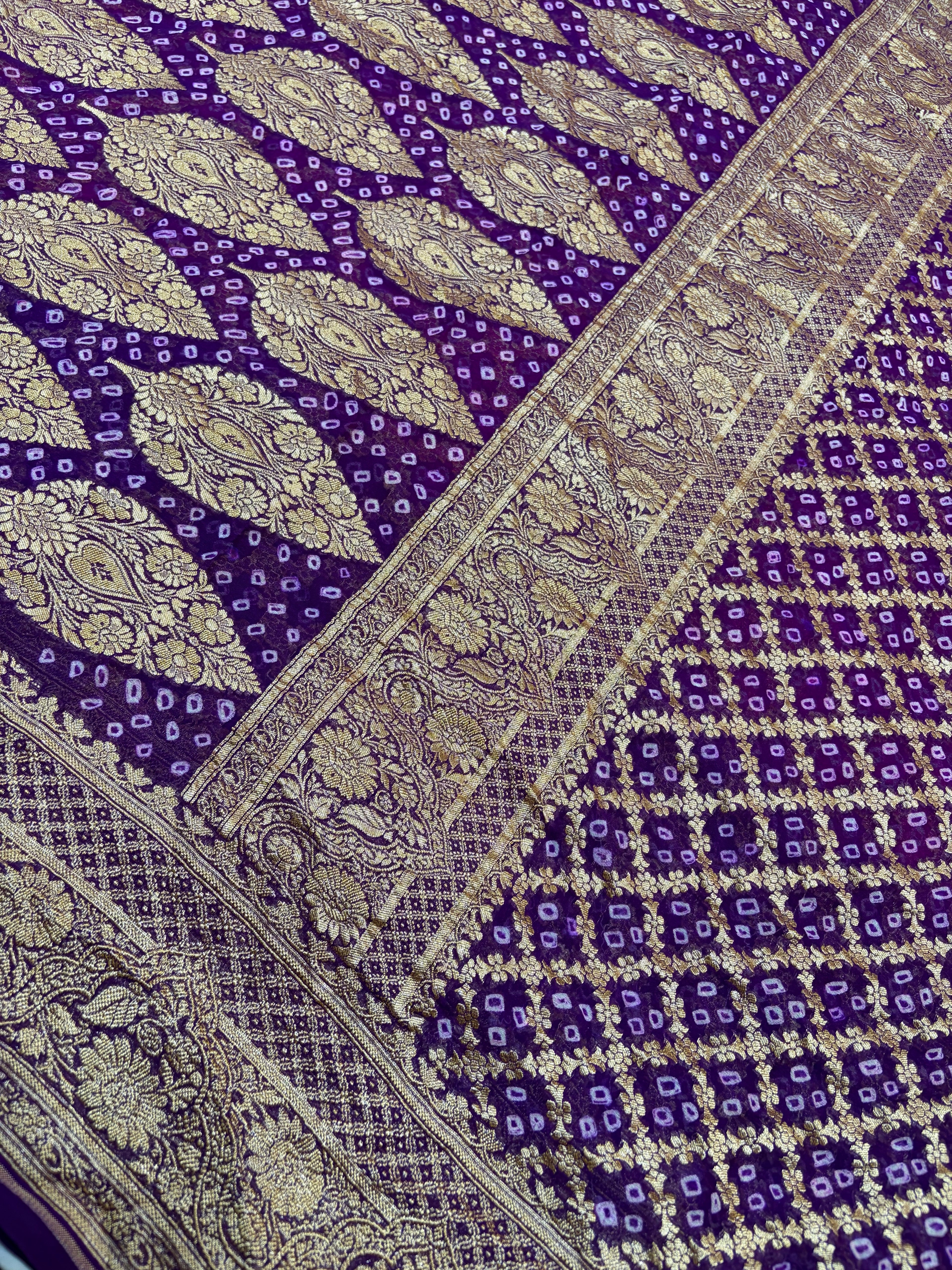 Pure Georgette Bandhani Zari Banarasi Border Saree
