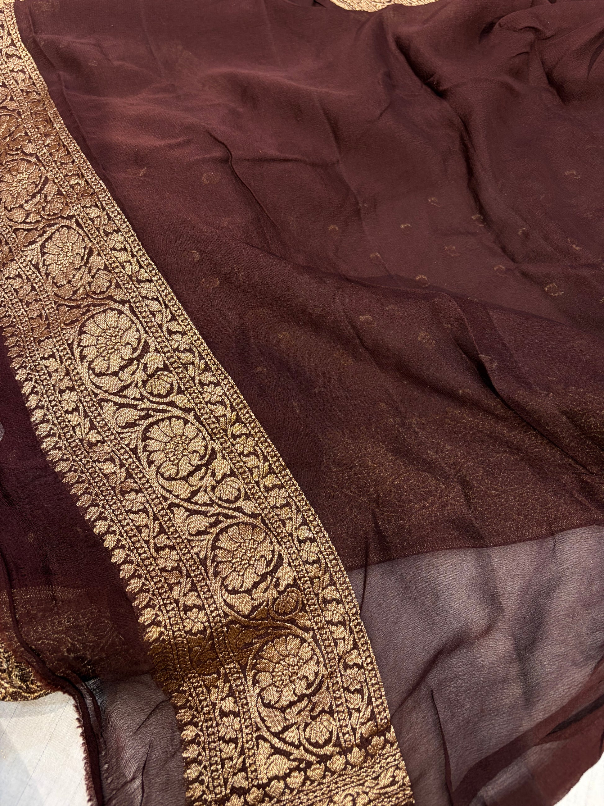Pure georgette silk saree in Dark Brown colour