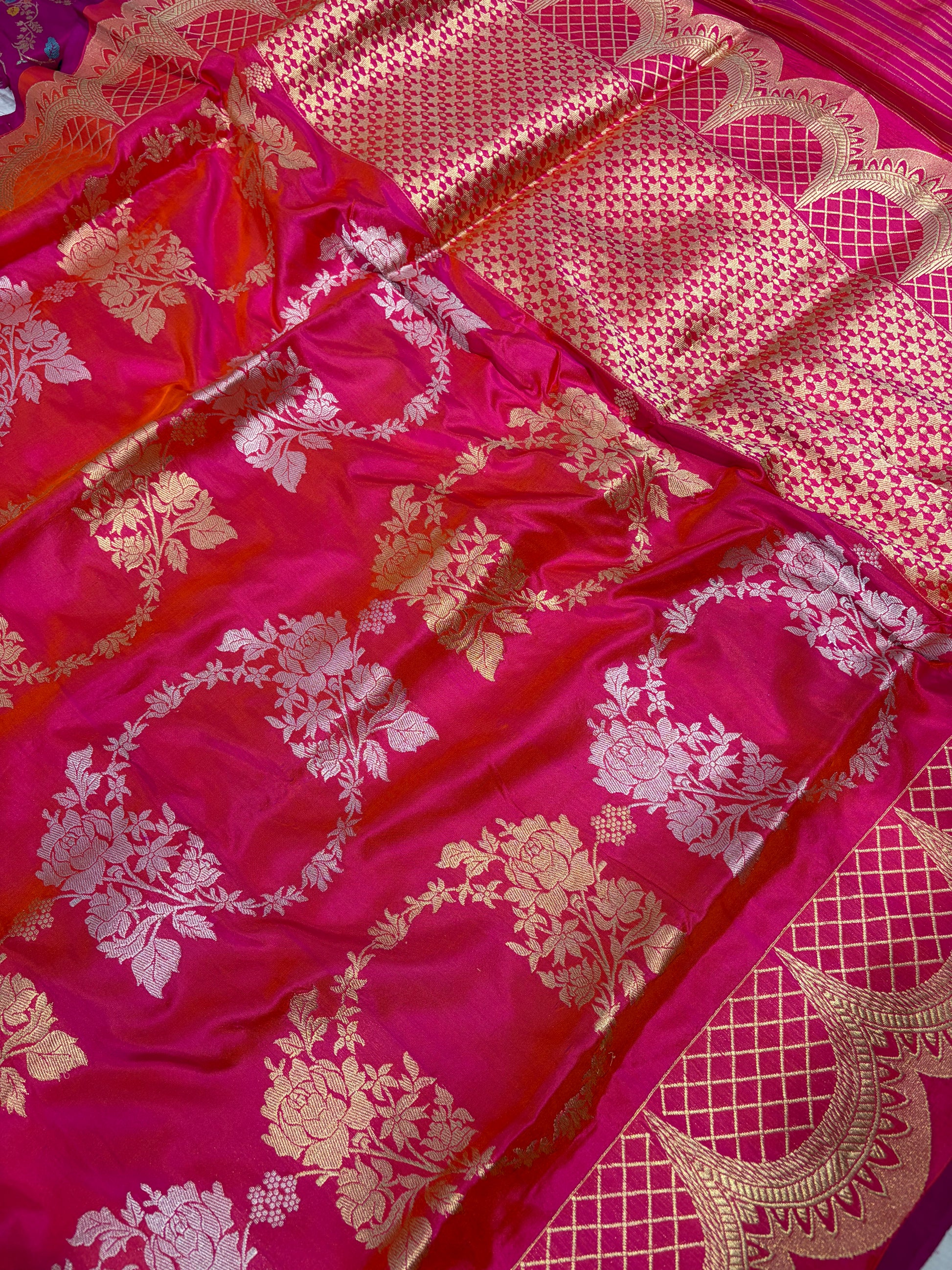 Premium pure katan silk saree with sona rupa work in beautiful rani colour