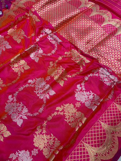 Premium pure katan silk saree with sona rupa work in beautiful rani colour