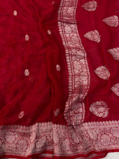 Pure khaddi chiffon saree in red colohr with all over chickenkari work
