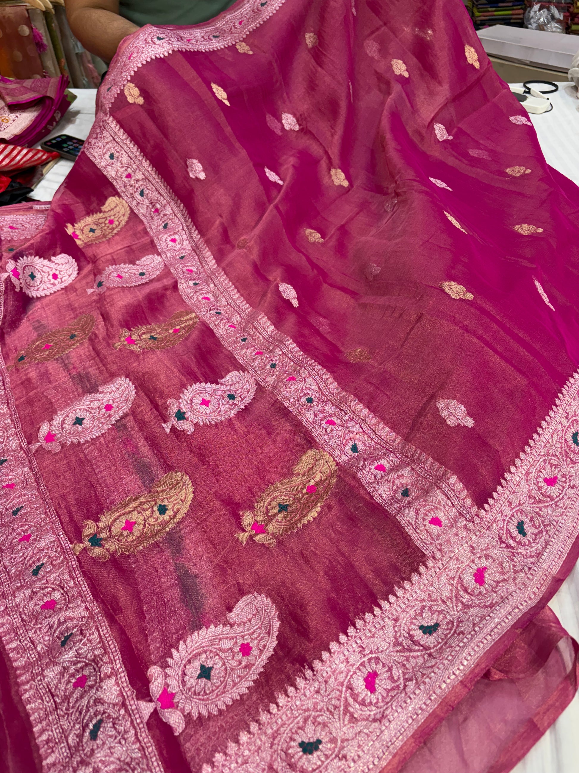 PURE KHADDI TISSUE SILK SAREE IN MEGENTA COLOUR