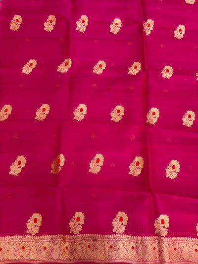 Pure Handloom Kora silk suit set in Rani colour with meenakari work