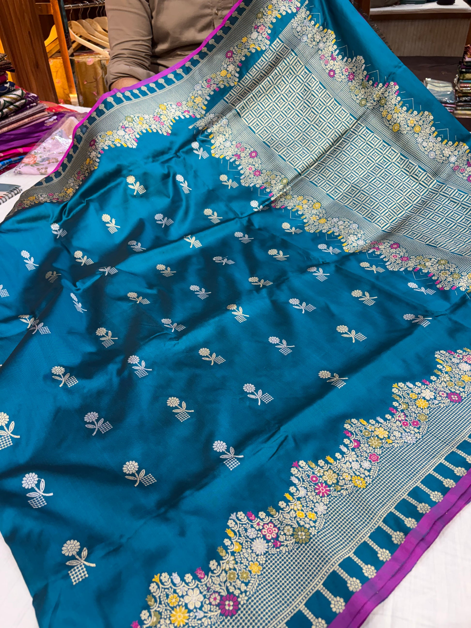Beautiful Pure handloom katan silk sareee in peacock blue colour