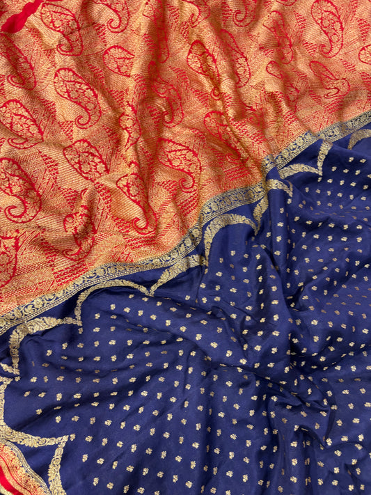 Pure khaddi crepe silk saree in navy blue with red colour combination