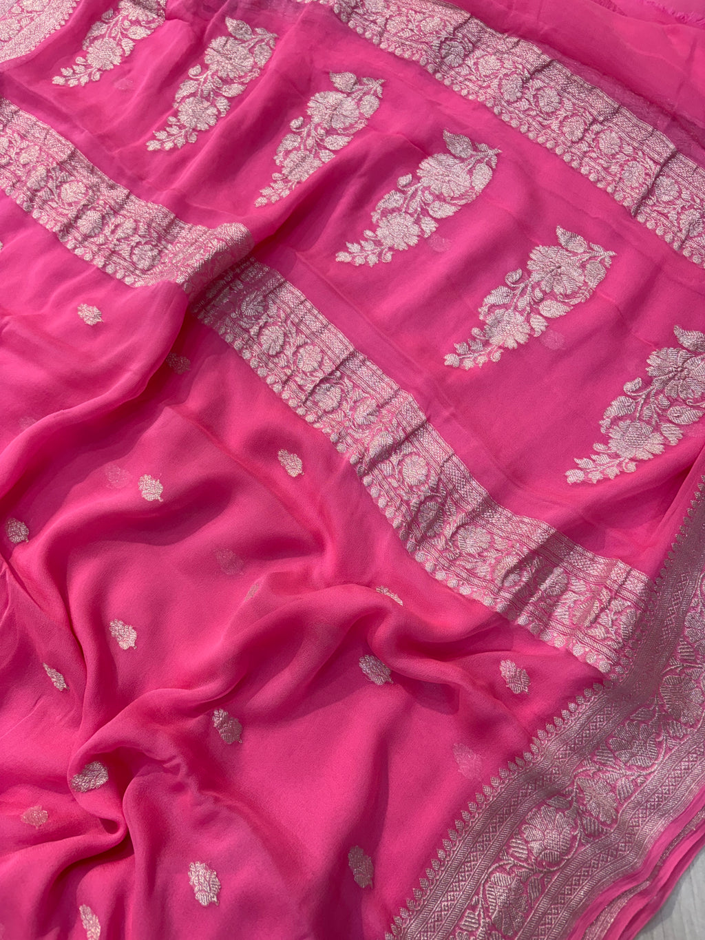 Pure khaddi chiffon saree in fuchsia pink colour