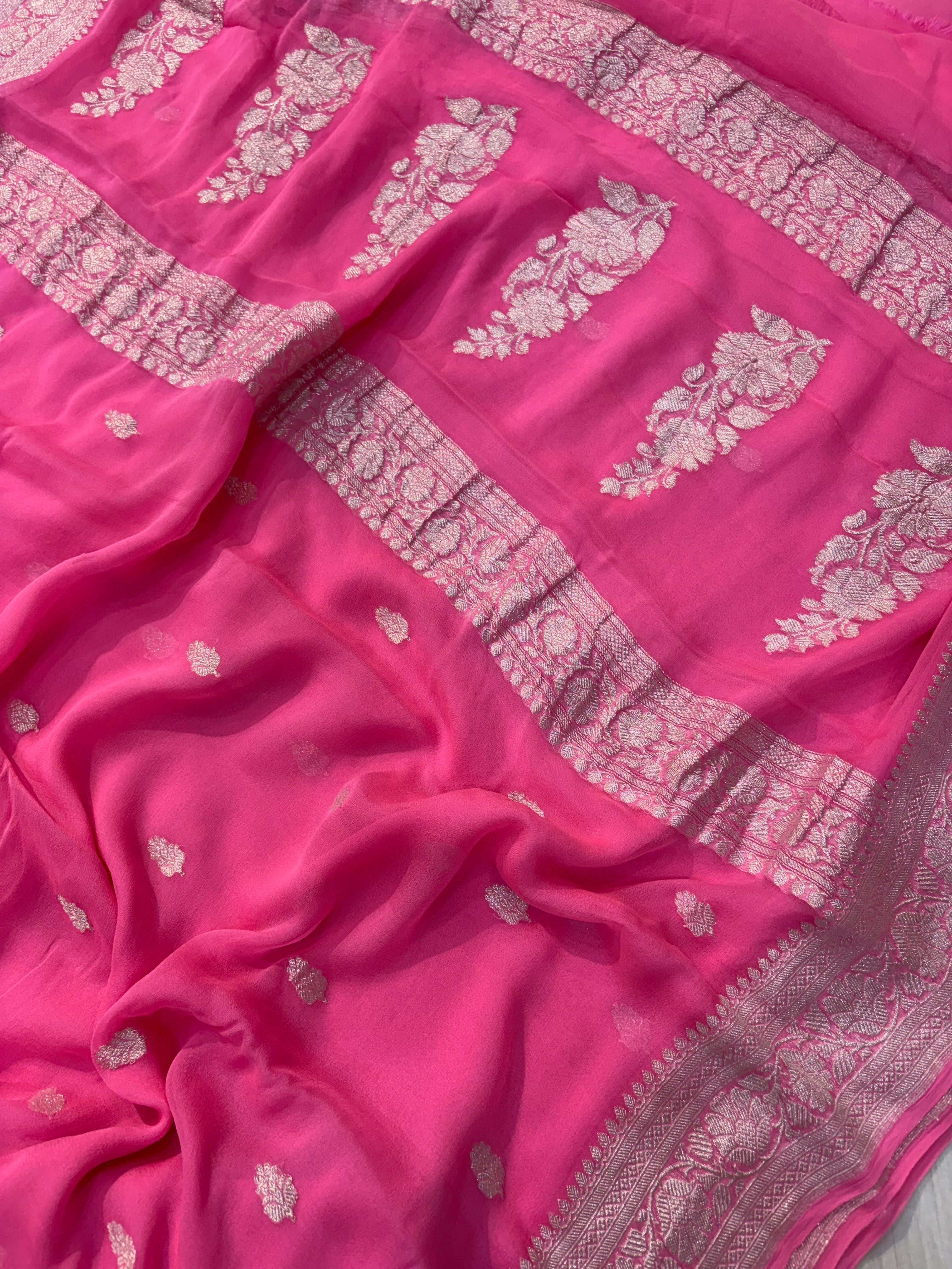 Pure khaddi chiffon saree in fuchsia pink colour