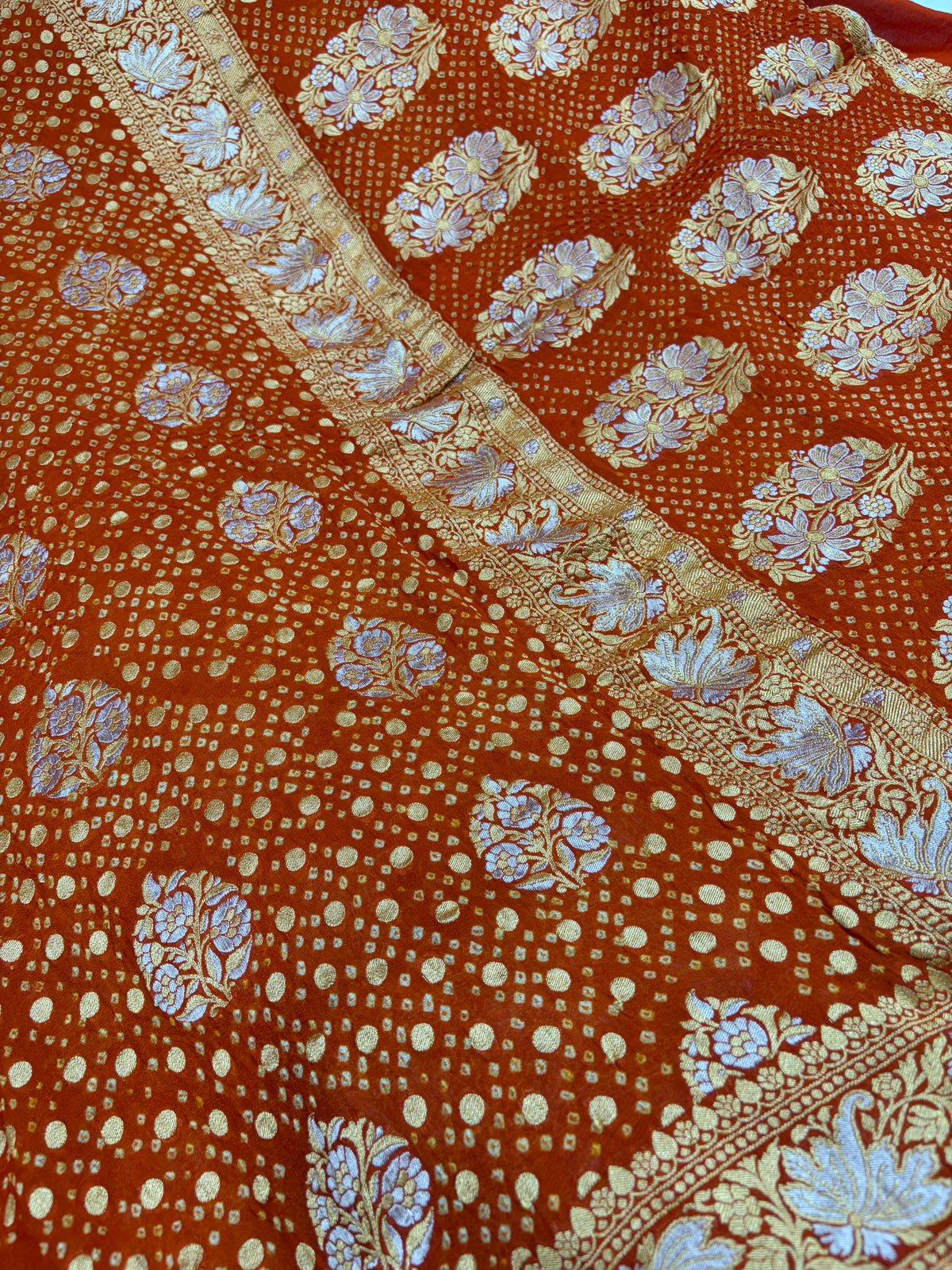 Pure georgette bandhani saree in rust orange
