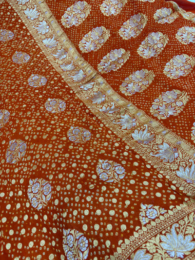 Pure georgette bandhani saree in rust orange