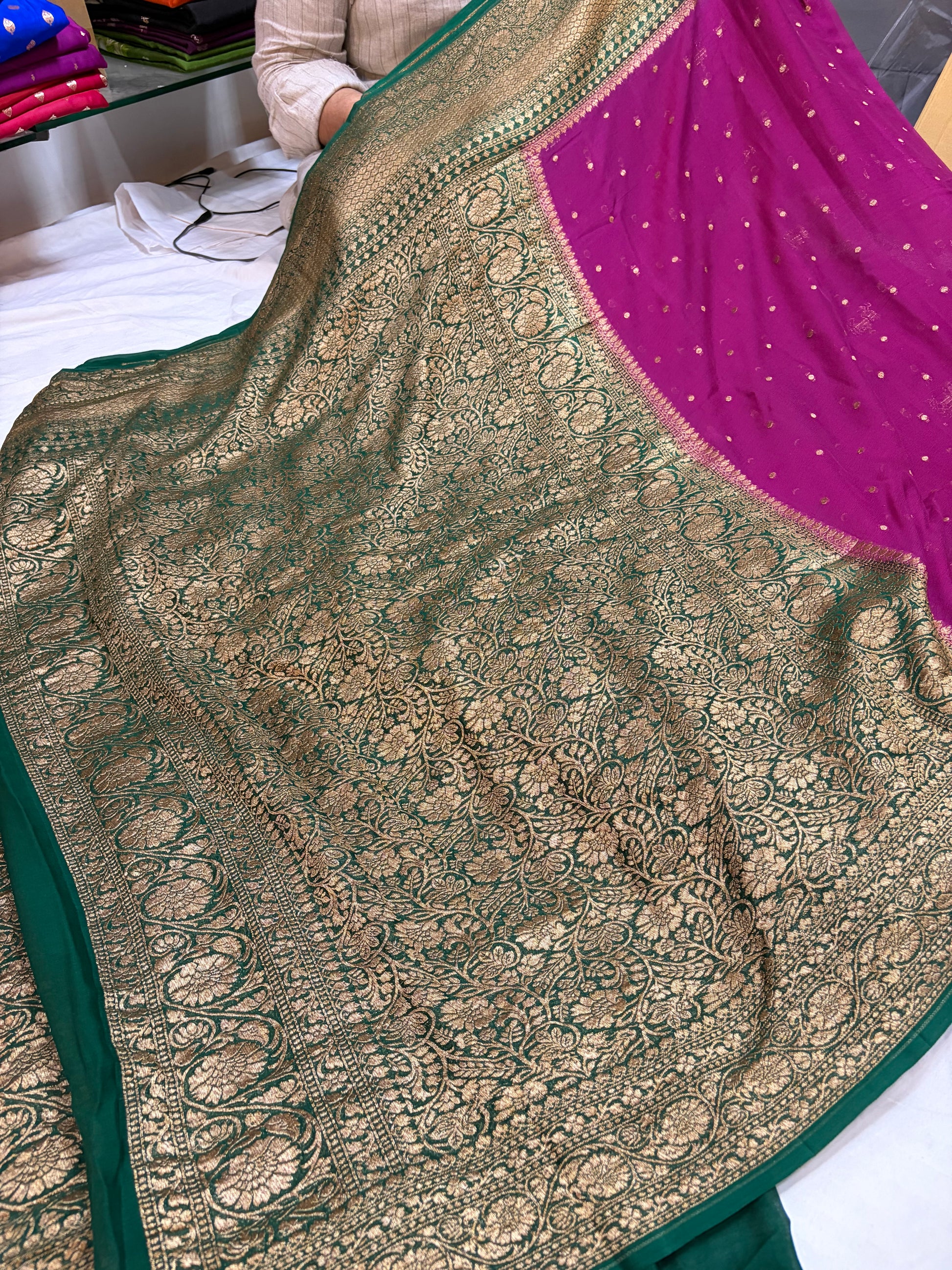 Pure georgette silk saree in Dark magenta with bottle green