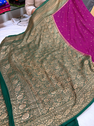 Pure georgette silk saree in Dark magenta with bottle green