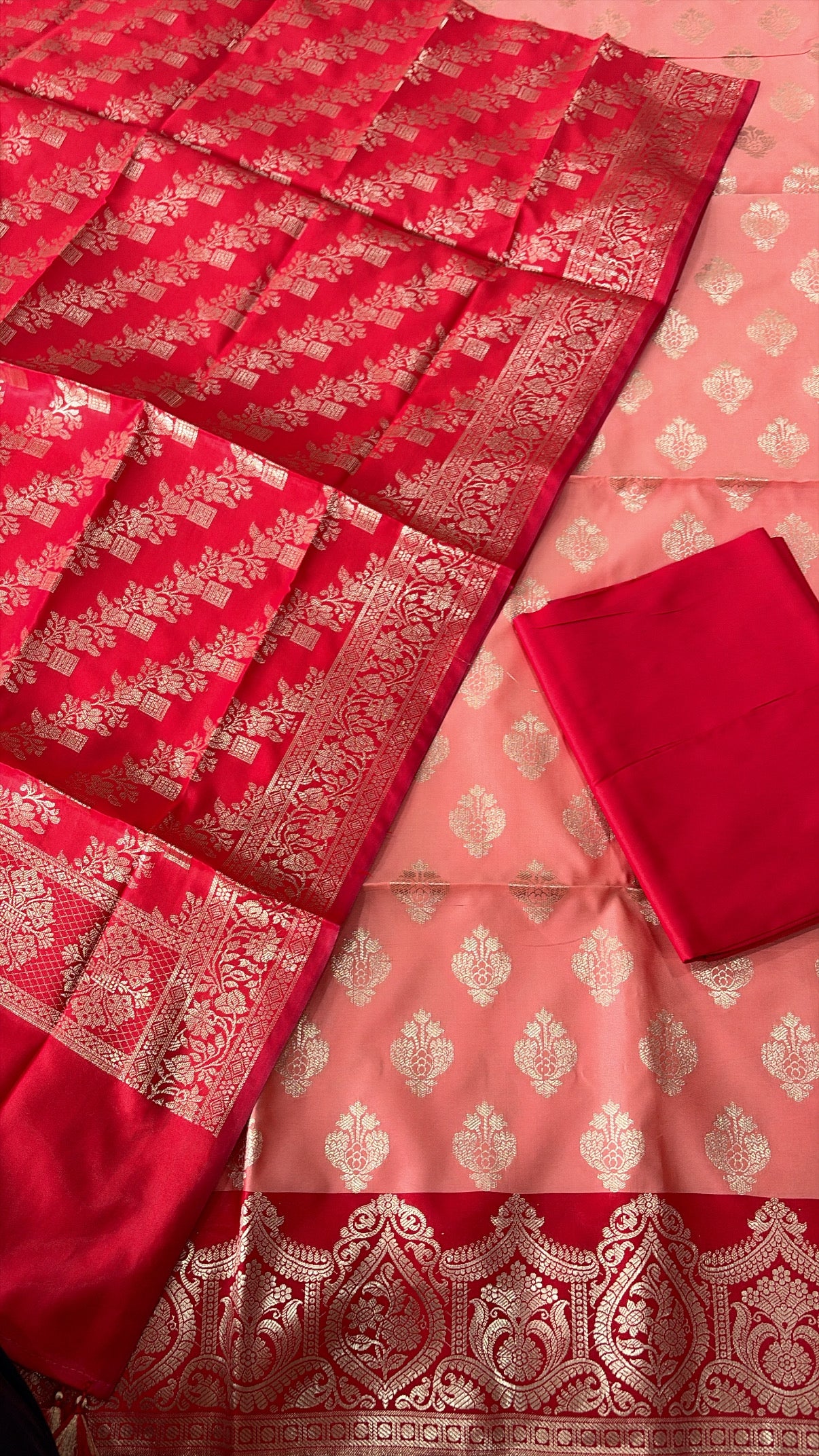 Banarasi soft silk suit in peach and cherry red colour combination