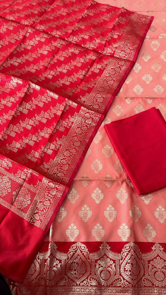 Banarasi soft silk suit in peach and cherry red colour combination