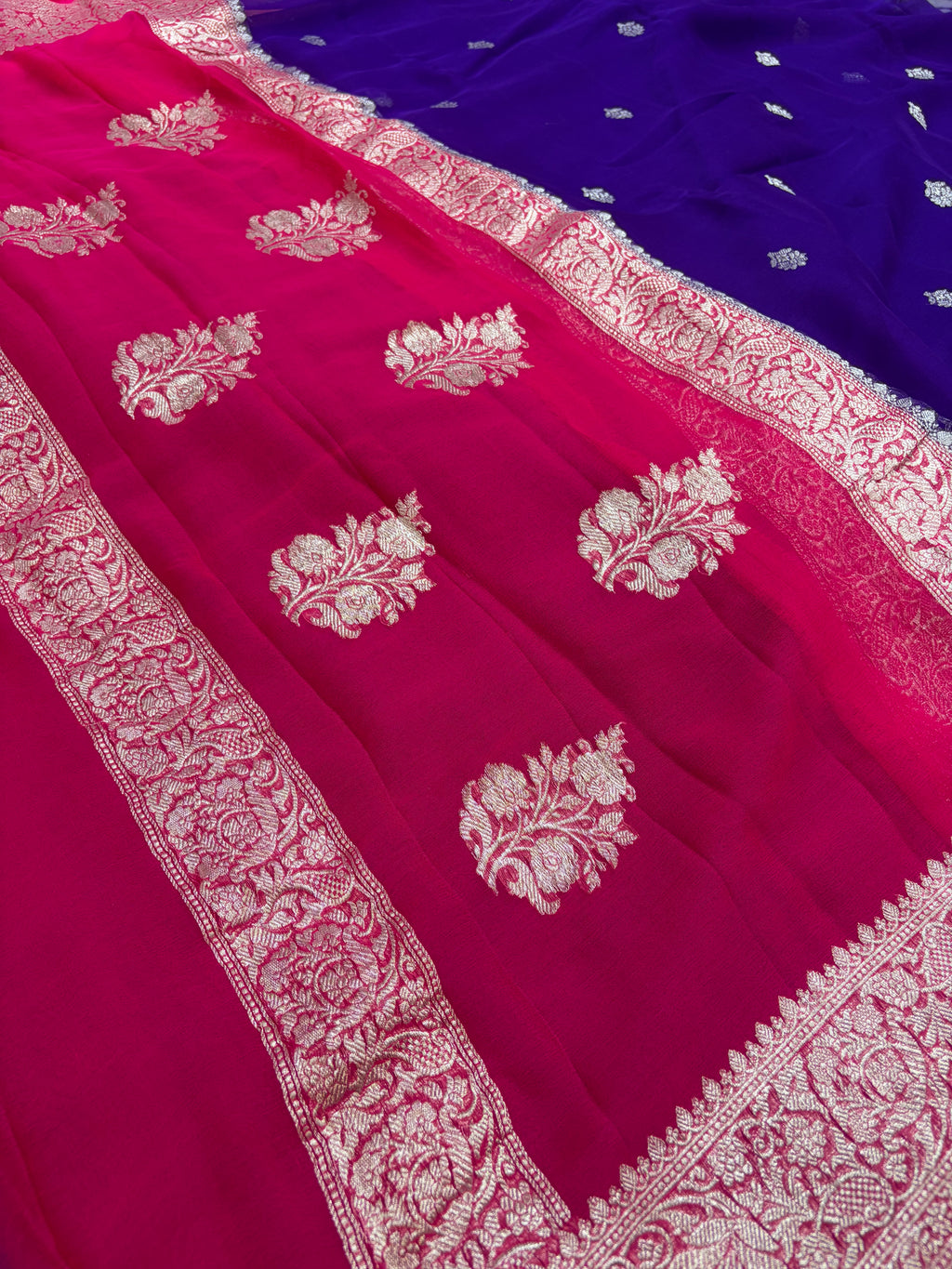 Pure khaddi chiffon saree in purple with Rani colour
