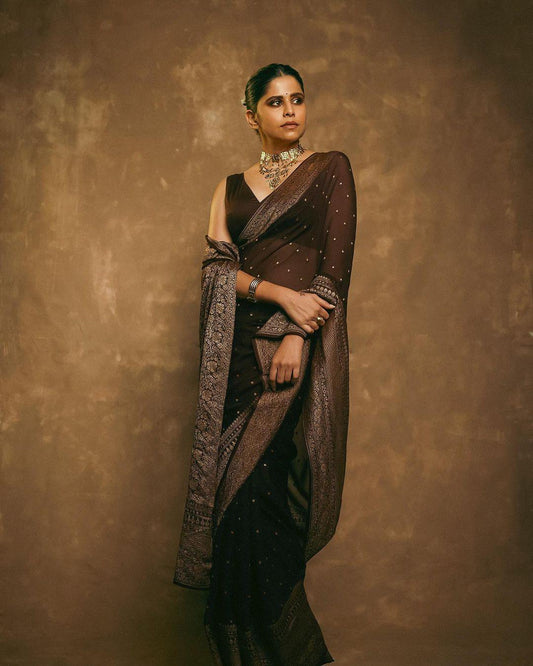 COFFEE BROWN HANDLOOM KHADDI GEOREHETTE SILK SAREE