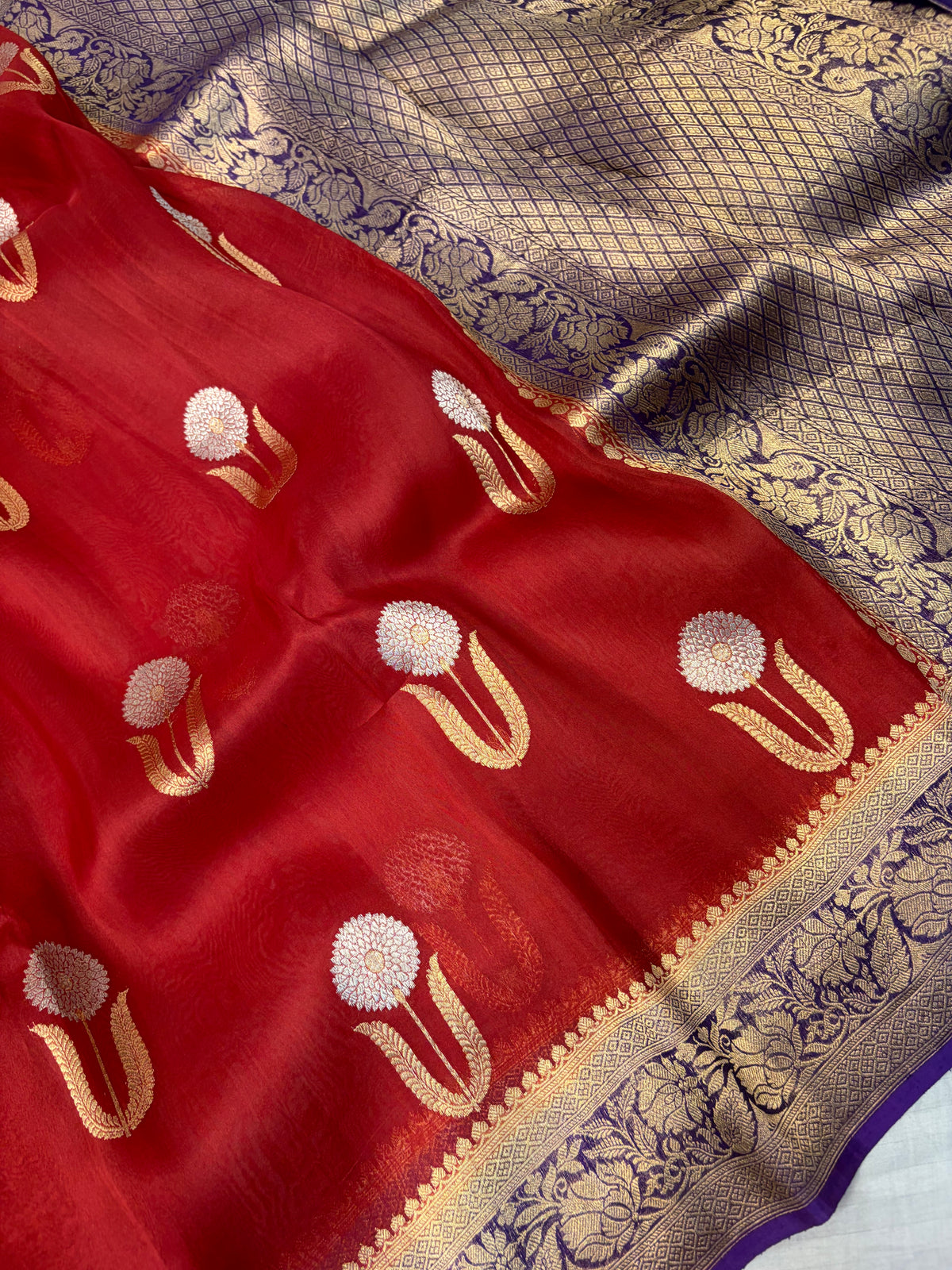Pure handloom kora silk saree in red with purple colour